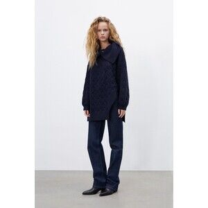 Navy Blue Zara Chunky Cable Knit Collared Side-Vent Long Sleeve Sweater (NWT)